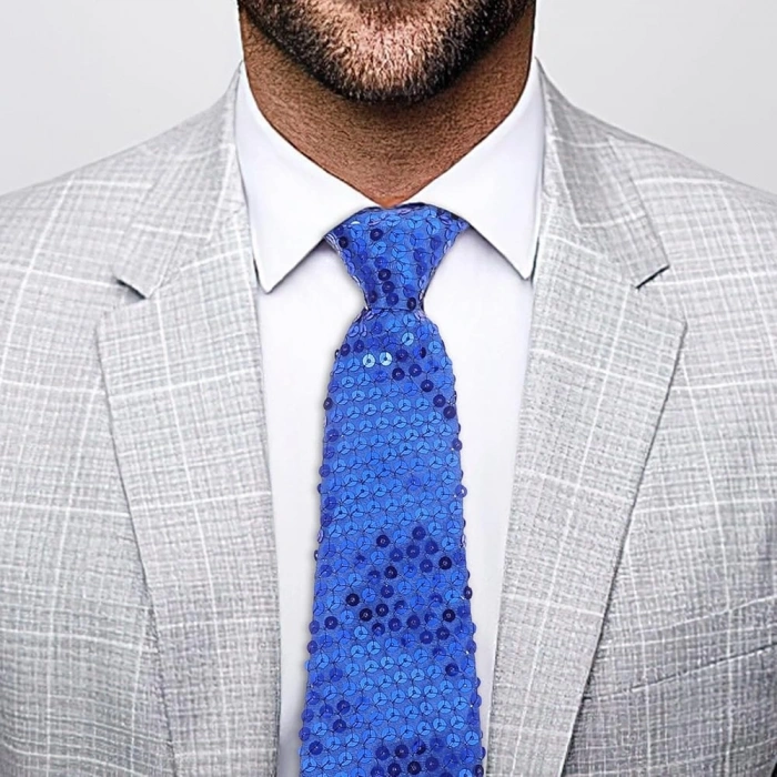 Mey İthalat® Mavi Renk Pul Payetli Işıltılı Parti Kravatı 33 cm