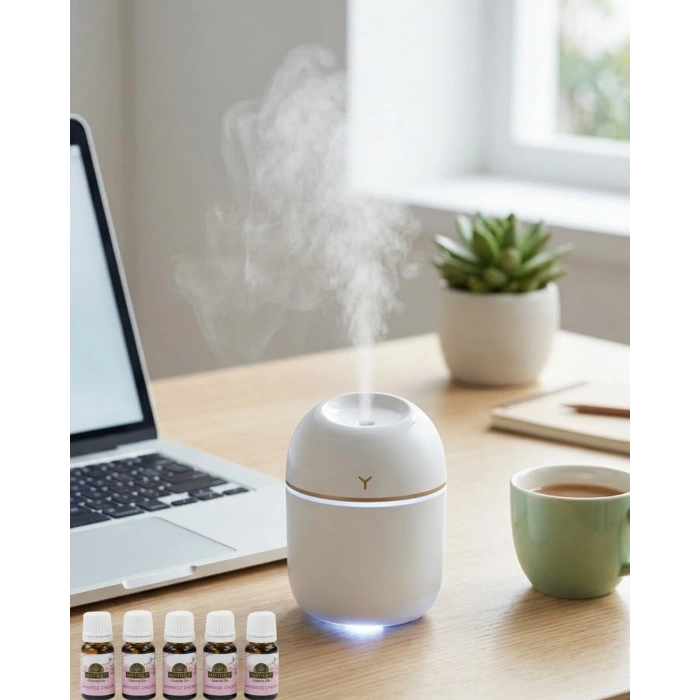 Mey İthalat® Mini Hava Nemlendirici USB Bağlantılı LED Işıklı 5 Esans Hediyeli Aromaterapi Difüzörü