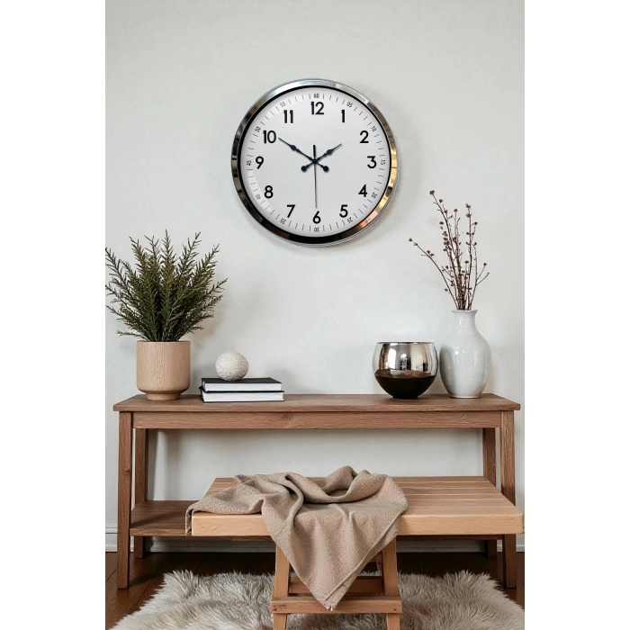 Mey İthalat® Modern Klasik 40 Cm Krom Metal Duvar Saati