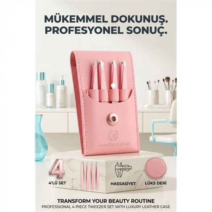 Mey İthalat® Profesyonel Kaş Alma Cımbız Seti - 4lü Paslanmaz Çelik ve Özel Deri Taşıma Çantalı 723129