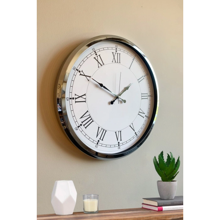 Mey İthalat® Roma Zarafeti Krom 52 Cm Metal Duvar Saati