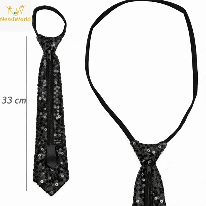 Mey İthalat® Siyah Renk Pul Payetli Işıltılı Parti Kravatı 33 cm