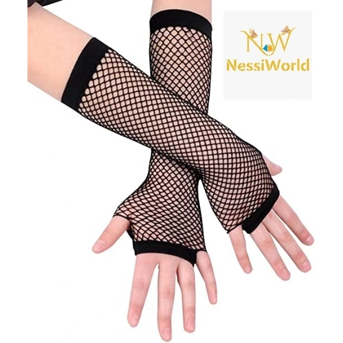 Mey İthalat® Siyah Renk Uzun File Eldiven - Örgü Eldiven Siyah Renk