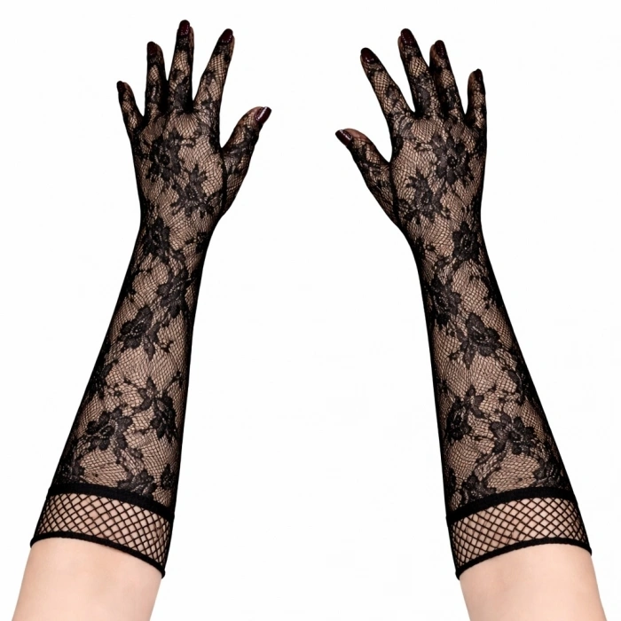 Mey İthalat® Siyah Uzun Gül Desenli Dantel Kadın Eldiveni