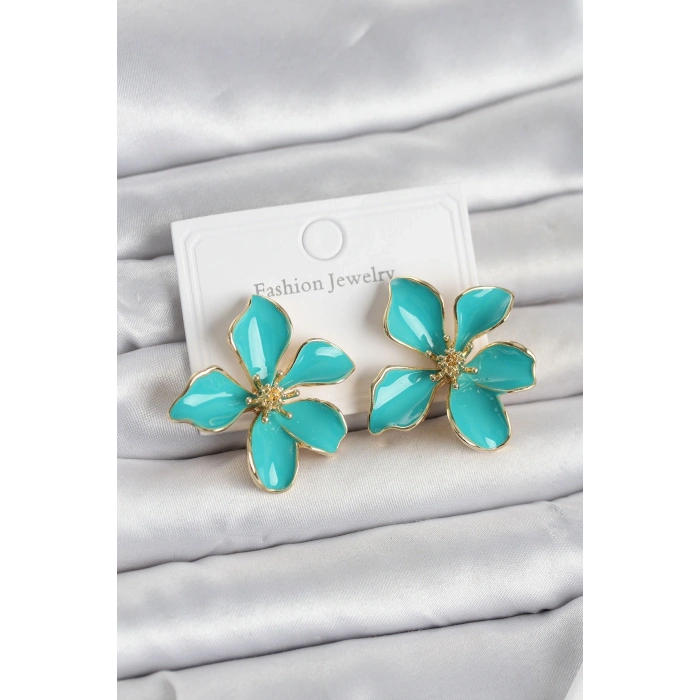 Mey İthalat® Turkuaz Mineli Çiçek Model Pirinç Kadın Küpe