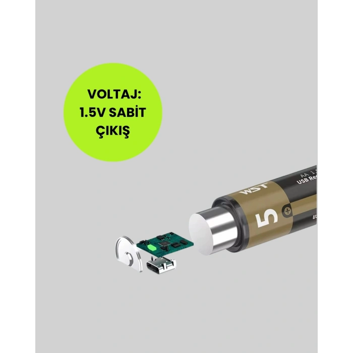 Mey İthalat® Type-C USB ile Hızlı Şarj Edilebilir AA Kalem Pil | 1.5V Lityum | Çiftli Paket