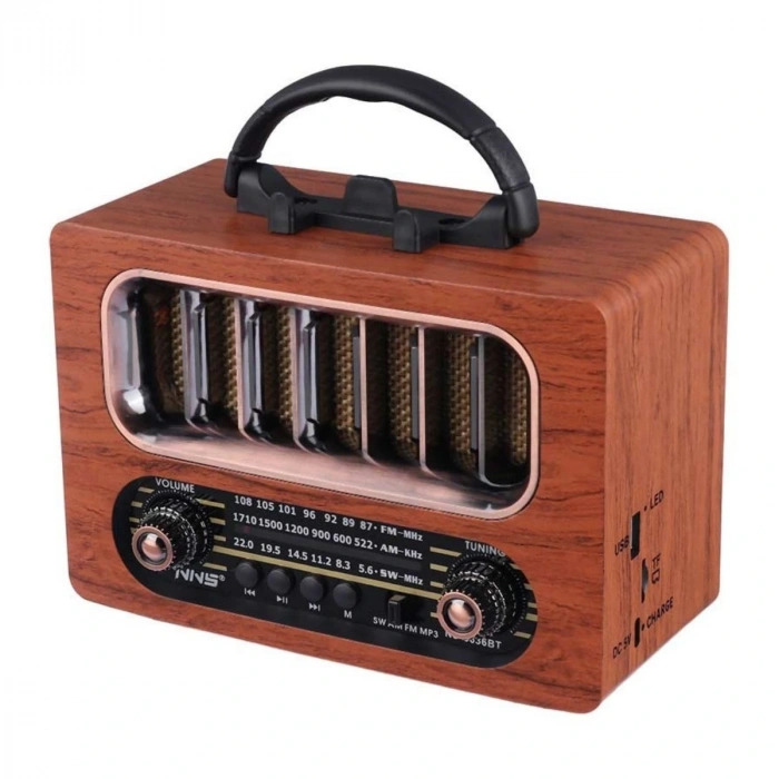 Orta Boy Retro Ahşap Tasarım Bluetooth Hoparlörlü Radyo – FM/AM Destekli, Şarjlı ve Taşınabiliri Radyo NS-6636 (5047)