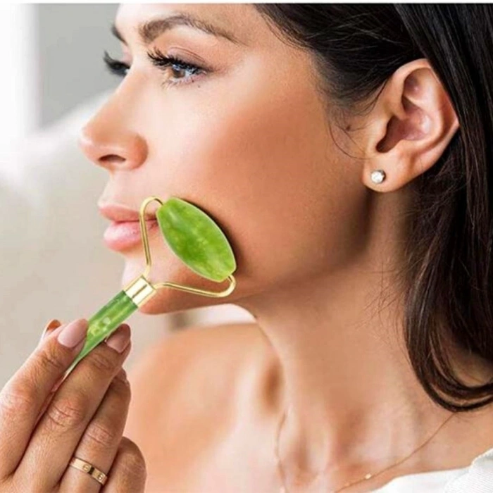 Özel Süngerli Kutusunda Kırılmaz Çift Taraflı 2li Cilt Yüz Masaj Aleti Jade Roller Yeşim Taşı (5047)