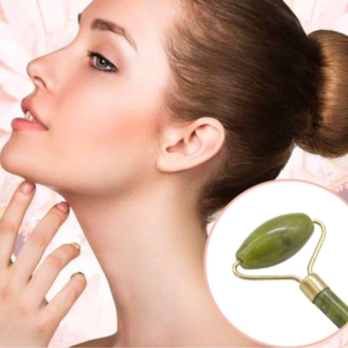 Özel Süngerli Kutusunda Kırılmaz Çift Taraflı 2li Cilt Yüz Masaj Aleti Jade Roller Yeşim Taşı (5047)