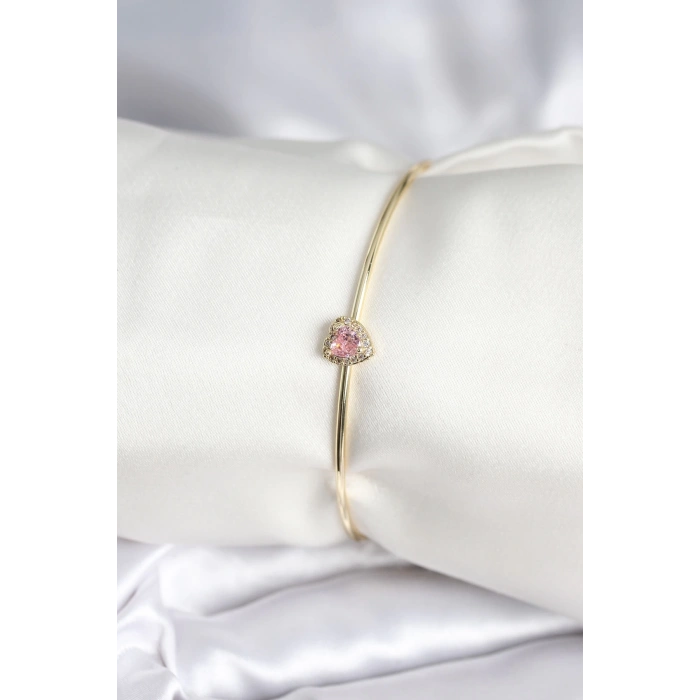 Pembe Zirkon Taşlı Kalp Model Gold Renk Kadın Bileklik