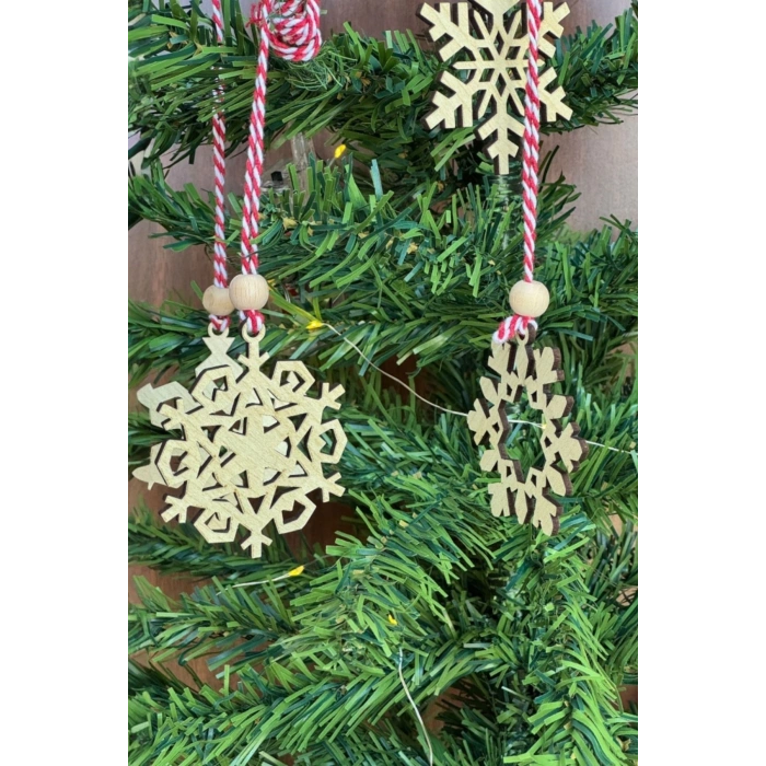 Pilli Peri Ledli 6 Parça Kırmızı Beyaz İpli Kar Tanesi Model Ahşap Yılbaşı Ağaç Süsü (5047)