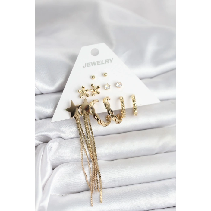 Pirinç Gold Renk 6 Çift Kadın Küpe Seti