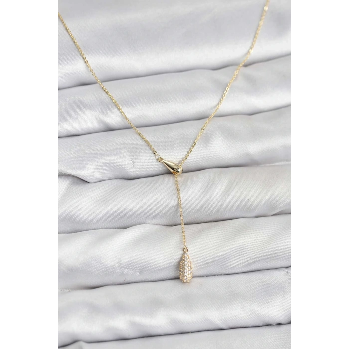 Mey İthalat® Pirinç Gold Renk Asansörlü Damla Model Kadın Kolye