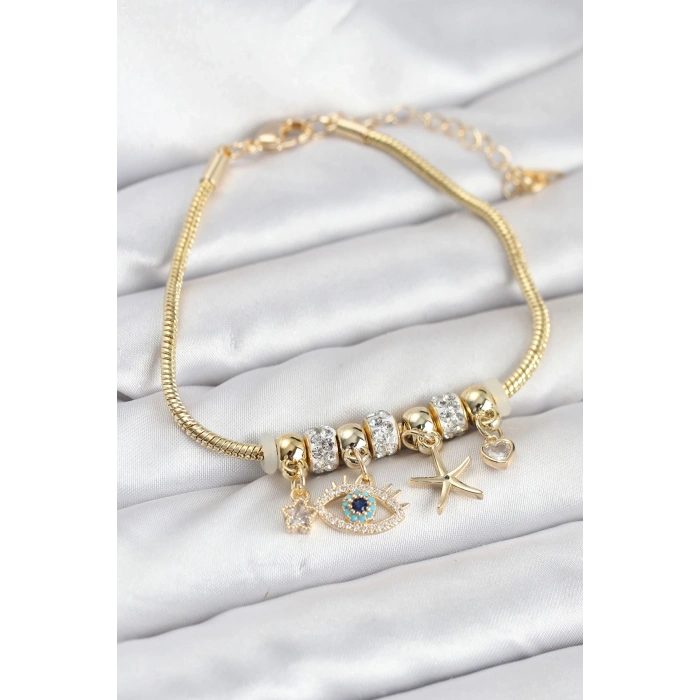 Mey İthalat® Pirinç Gold Renk Göz Model Charmlı Kadın Bileklik