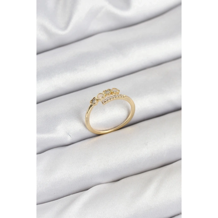 Pirinç Gold Renk Kalpli Detaylı Zirkon Taşlı Kadın Yüzük