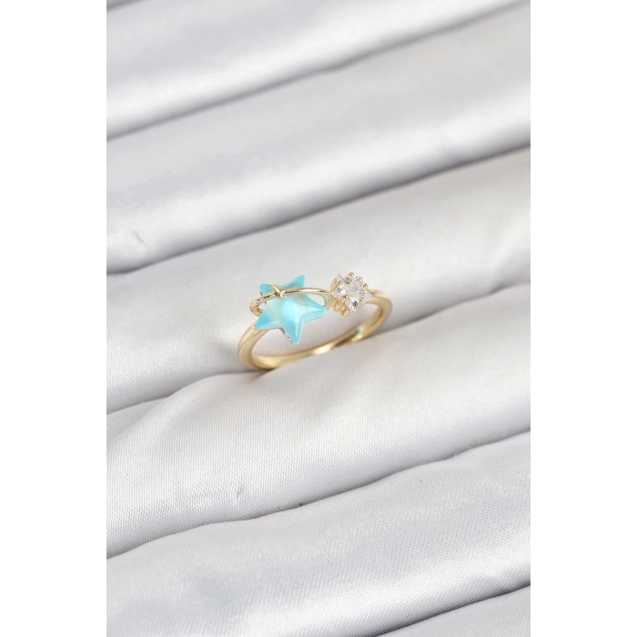 Pirinç Gold Renk Mavi Yıldızlı Model Kadın Yüzük