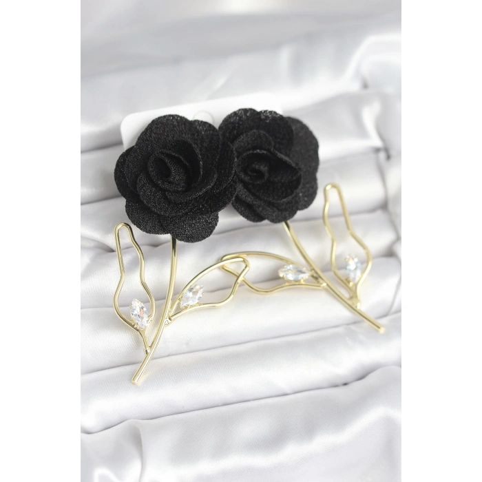 Mey İthalat® Pirinç Gold Renk Siyah Gül Model Kadın Küpe