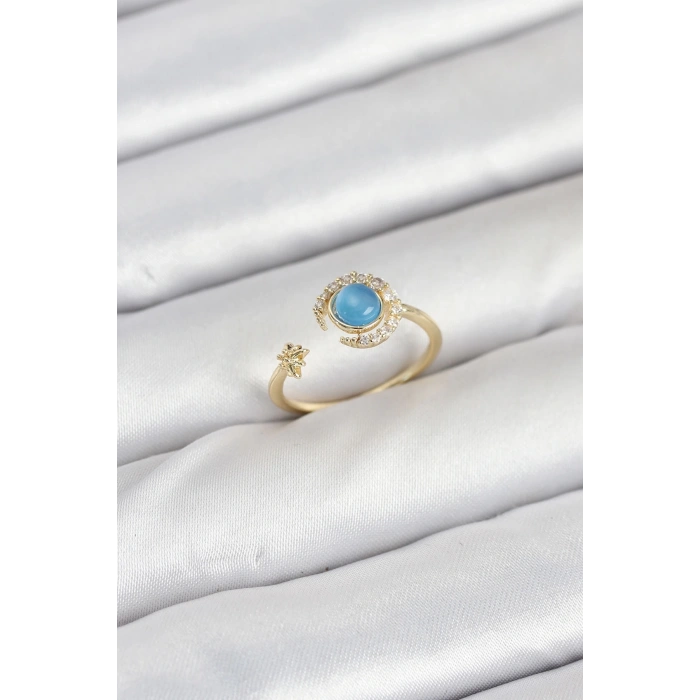 Pirinç Gold Renk Zirkon Taşlı Ay Yıldız Kadın Yüzük