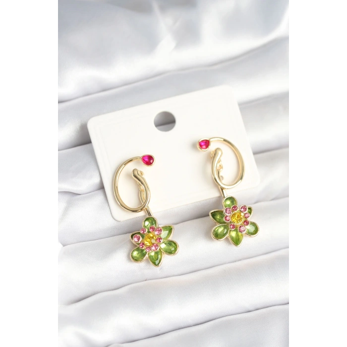 Pirinç Gold Renk Zirkon Taşlı Çiçek Model Kadın Küpe