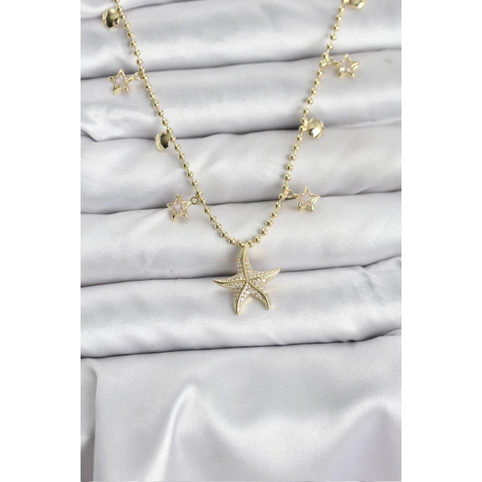 Pirinç Gold Renk Zirkon Taşlı Deniz Yıldızı Model Kadın Kolye