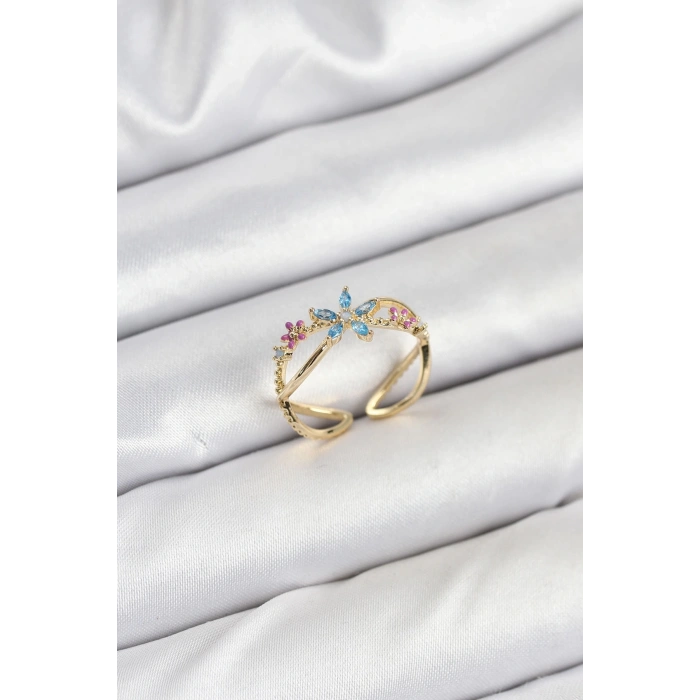 Pirinç Gold Renk Zirkon Taşlı Mavi Çiçekli Kadın Yüzük