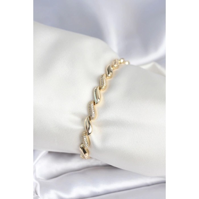 Pirinç Gold Renk Zirkon Taşlı Sarmal Model Kadın Bileklik