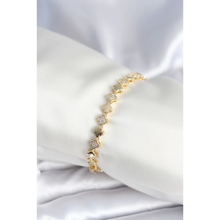 Mey İthalat® Pirinç Gold Renk Zirkon Taşlı Yonca Model Kadın Bileklik