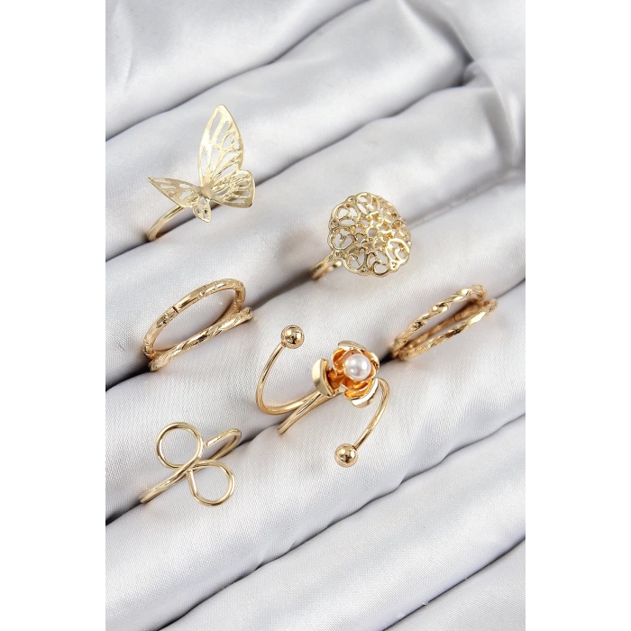 Pirinç Gül Kelebek Model Gümüş Renk Kadın Yüzük Kombin Set