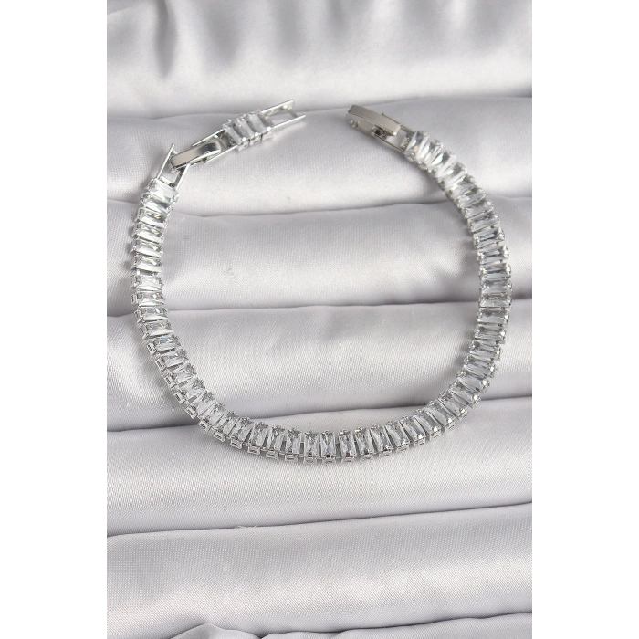 Pirinç Gümüş Renk Zirkon Taşlı Su Yolu Model Kadın Bileklik