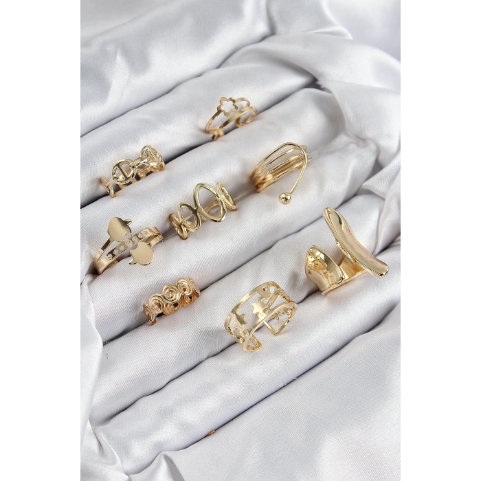 Pirinç Sarmal Ve Yıldız Model Gold Renk Kadın Yüzük Kombin Set