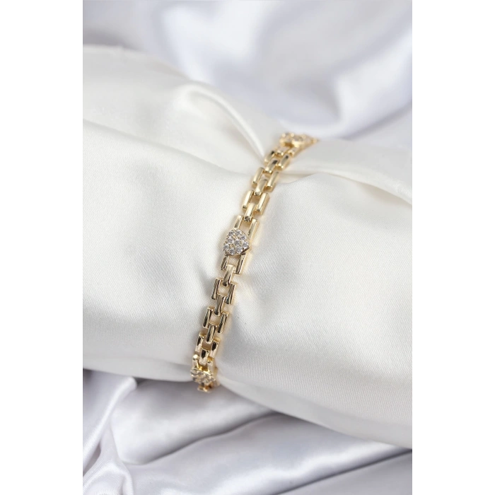 Pirinç VIP Seri Gold Renk Zincir Model Kalpli Zirkon Taşlı Kadın Bileklik