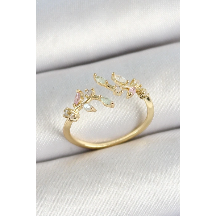 Pirinç Yaprak Figürlü Zirkon Taşlı Gold Renk Ayarlanabilir Kadın Yüzük