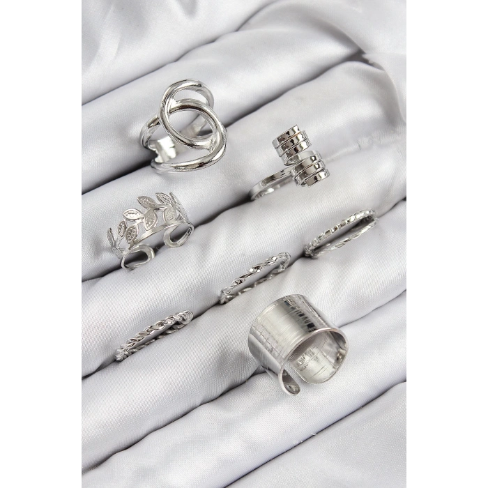 Pirinç Yaprak Model Gümüş Renk Kadın Yüzük Kombin Set