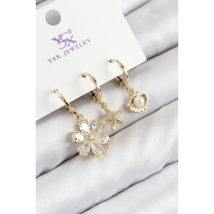 Pirinç Zirkon Taşlı 3lü İstiridye Ve Çiçek Model Gold Renk Kadın Küpe