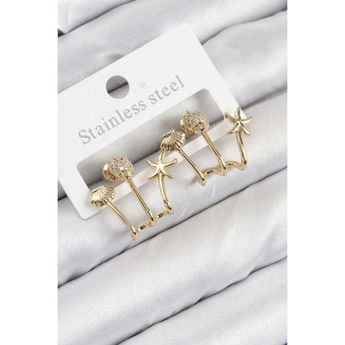 Pirinç Zirkon Taşlı Deniz Yıldızı ve İstiridye Model Gold Renk Kadın Küpe