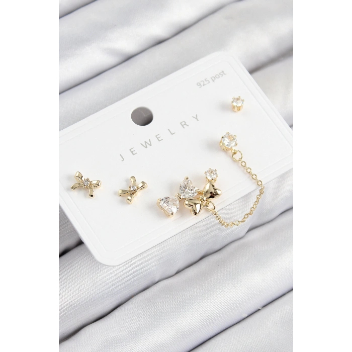 Pirinç Zirkon Taşlı Fiyonk Model Gold Renk 925 Ayar Gümüş Çivi Kadın Küpe Set