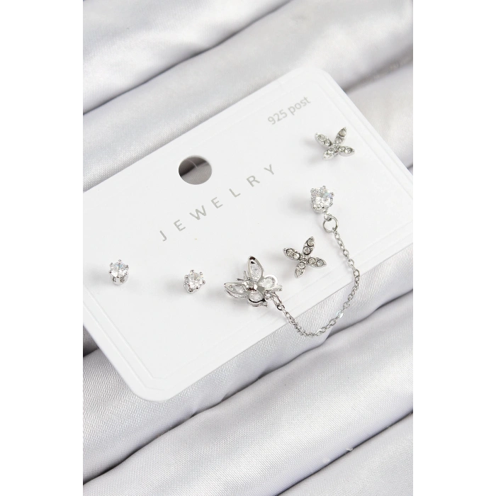 Pirinç Zirkon Taşlı Kelebek Model Gümüş Renk 925 Ayar Gümüş Çivi Kadın Küpe Set