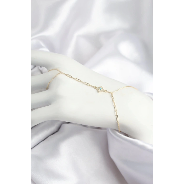 Pirinç Zirkon Taşlı Mavi Boncuklu Yonca Model Gold Renk Şahmeran