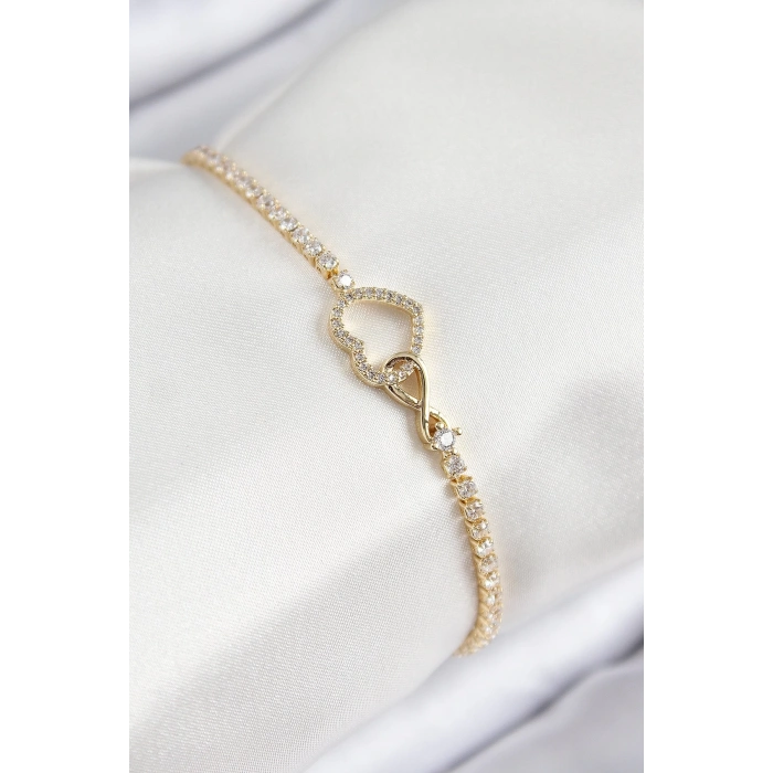 Pirinç Zirkon Taşlı Sonsuzluk Kalp Model Gold Renk Kadın Bileklik