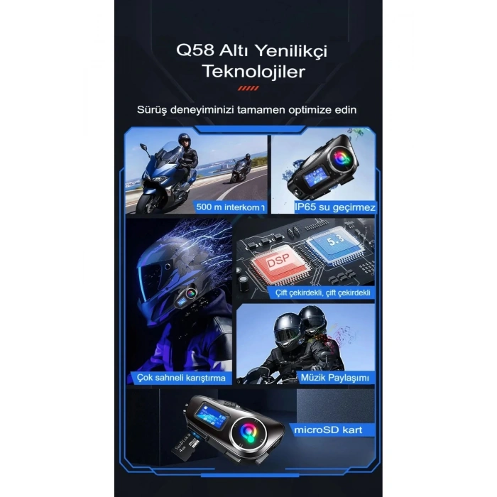 Q58-max Radyolu 2 Kişi Bağlantılı Bluetooth Kask Kulaklık Ekranlı Fenerli Müzik Ve Telsiz Intercom