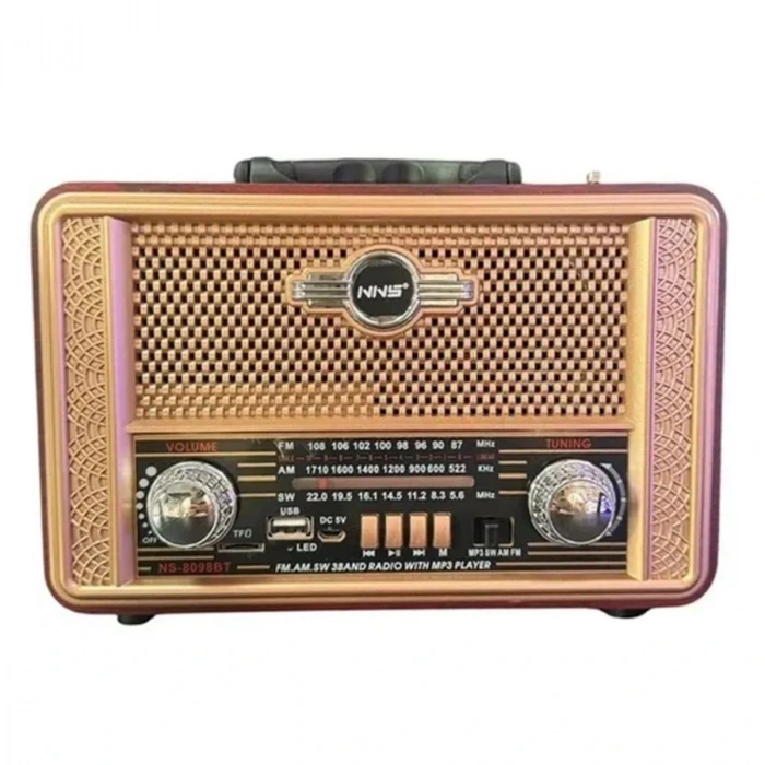 Retro, Nostaljik, Ahşap Tasarım Bluetooth Hoparlörlü, Şarjlı, Taşınabilir Otantik Tasarımlı FM/AM Destekli Radyo NS8098 (5047)
