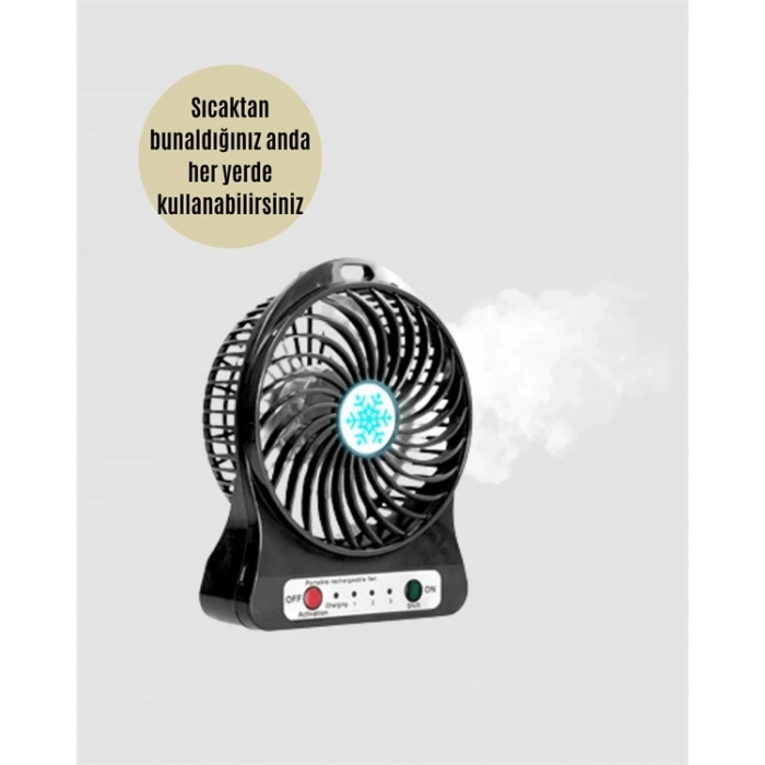 Mey İthalat® Şarjlı USB Fan – Masaüstü Mini Vantilatör, Taşınabilir, Işıklı, 3 Kademeli, Sessiz