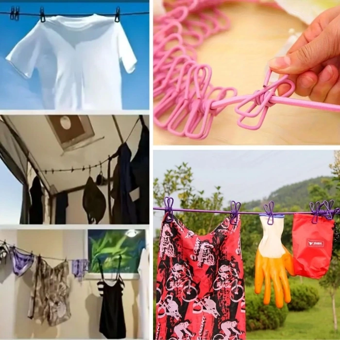 Taşınabilir Seyahat Çamaşır İpi 12 Mandallı Klipsli Lastikli Çamaşır Mandalları (5047)