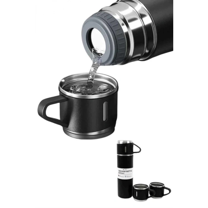 Mey İthalat® Termos Paslanmaz Çelik Termos Siyah Renk 3 Bardaklı Termos Seti
