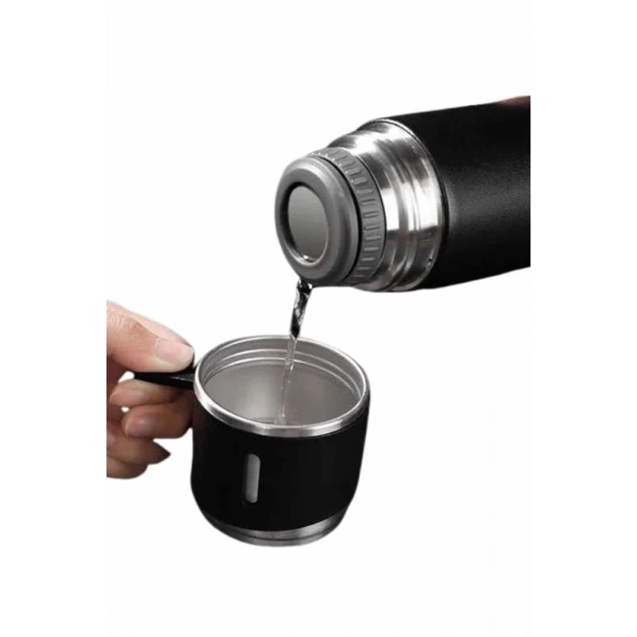 Mey İthalat® Termos Seti 3lü Bardak Seti Isı Dayanıklı Siyah Paslanmaz Çelik Vakumlu