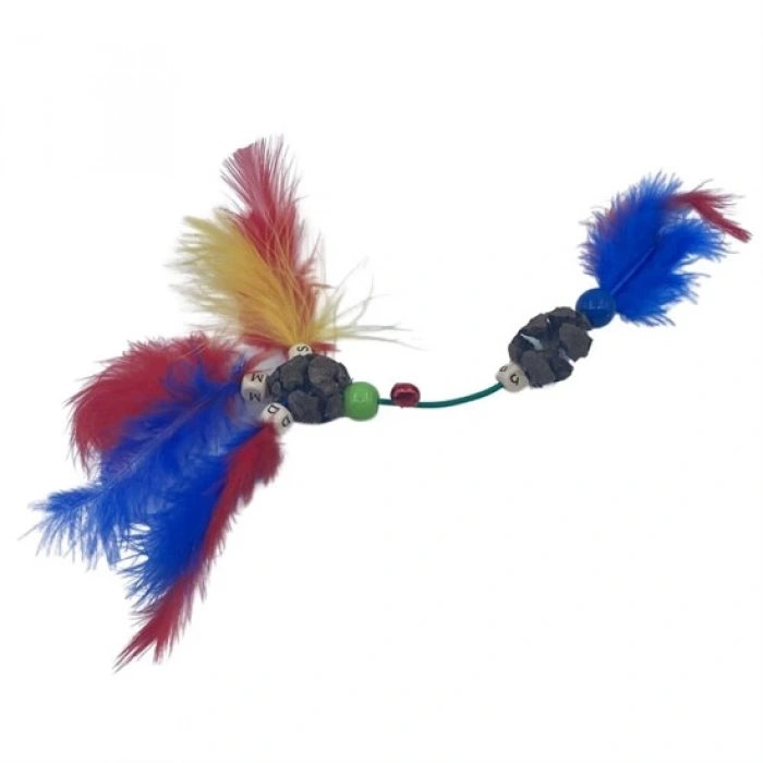 Tüylü Tahta Boncuklu Zilli Kedi Oyuncağı Çok Renkli Kedi Oyuncak (5047)