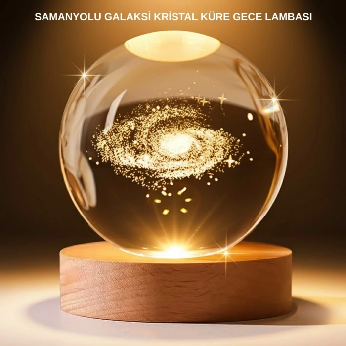 Mey İthalat® USB Bağlantılı Samanyolu Galaksi Küre Ahşap Standlı 3D Işıklı Dekor Lambası