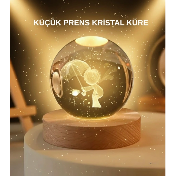 Mey İthalat® USB LED 3D Küçük Prens Kristal Küre Ahşap Standlı Gece Lambası