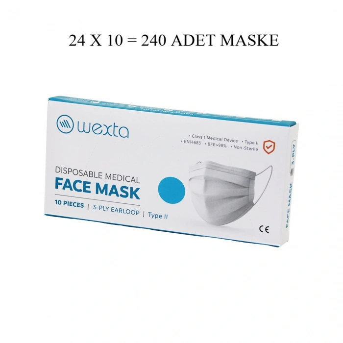 WEXTA BEYAZ 3 KATLI MEDİKAL CERRAHİ YÜZ MASKESİ 10PCS x 24 = 240 ADET (5047)