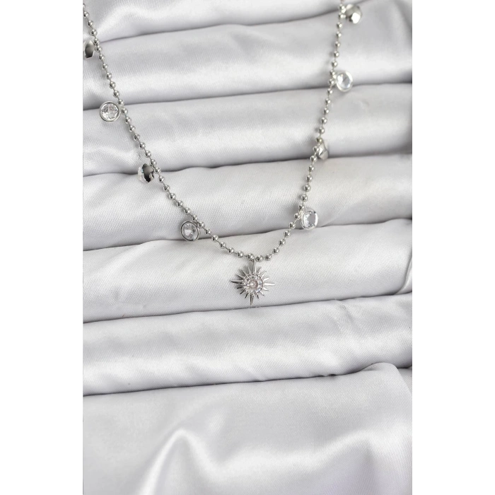 Zirkon Taşlı Kutup Yıldızı Model Pirinç Gümüş Renk Kadın Kolye